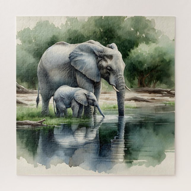 Watercolor Illustration of Mama and Baby Elephant Jigsaw Puzzle (Vertical)