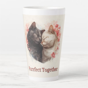 Watercolor Illustration of Two Cats Nuzzling Latte Mug