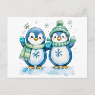 Watercolor Illustration of Two Penguins Postcard