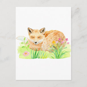 Watercolor illustration sleeping fox postcard