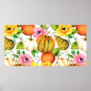 Watercolor illustration with pumpkins and sunflowe poster