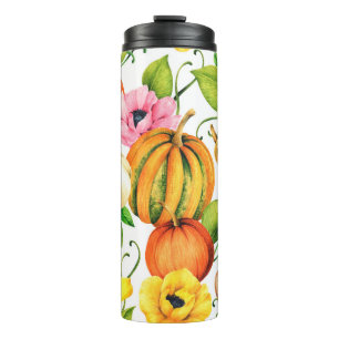 Watercolor illustration with pumpkins and sunflowe thermal tumbler