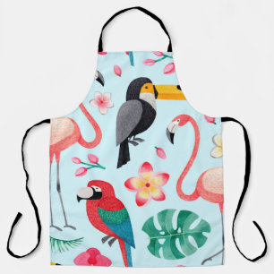 Watercolor illustrations of birds, tropical flower apron