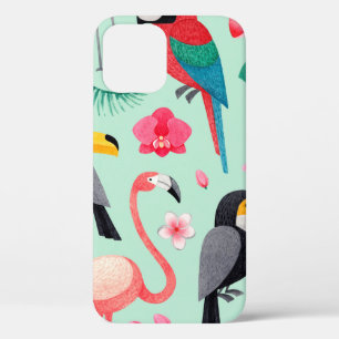 Watercolor illustrations of birds, tropical flower iPhone 12 case