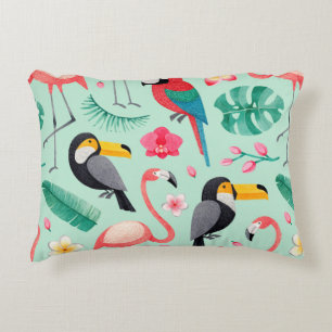 Watercolor illustrations of birds, tropical flower decorative cushion