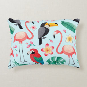 Watercolor illustrations of birds, tropical flower decorative cushion