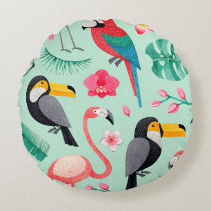 Watercolor illustrations of birds, tropical flower round cushion