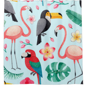 Watercolor illustrations of birds, tropical flower shower curtain