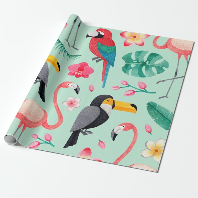 Watercolor illustrations of birds, tropical flower wrapping paper (Unrolled)