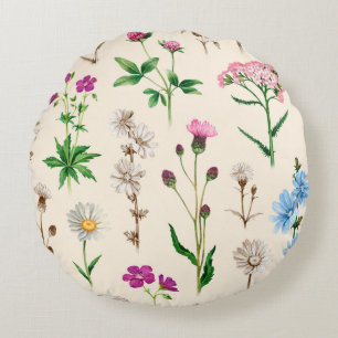 Watercolor illustrations of wild flowers. Seamless Round Cushion