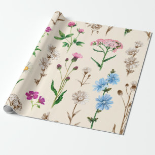 Watercolor illustrations of wild flowers. Seamless Wrapping Paper