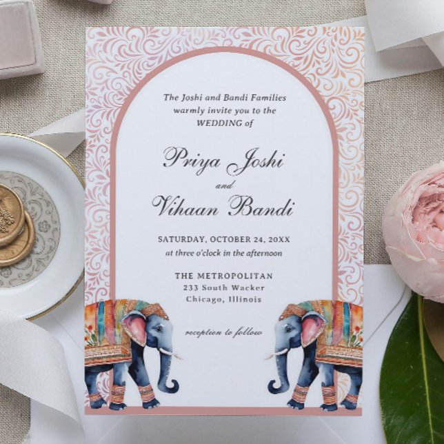 Watercolor Indian Elephant Hindu Wedding Invitation (indian wedding invitation, hindu wedding invitation, elephant floral wedding invite, mundap arch)