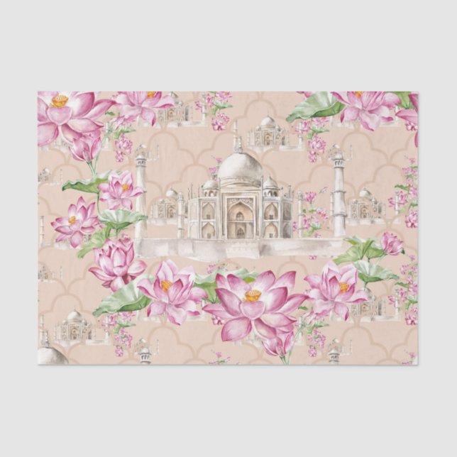 Watercolor Indian Lotus Flower Taj Mahal Tissue Paper (Front)