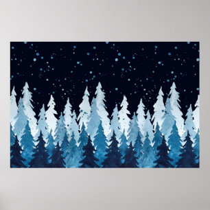 Watercolor indigo blue pine trees and snowfall in  poster