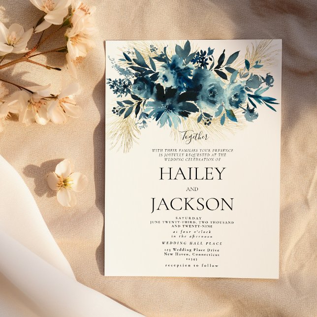 Watercolor indigo gold bouquet floral wedding  invitation (Watercolor indigo gold bouquet floral wedding)