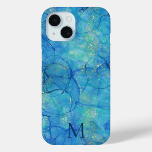 Watercolor Ink Blue & Gold + Monogram iPhone 15 Case