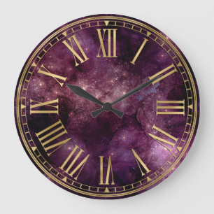 Watercolor Ink Dark Burgundy Galaxy & Stars Large Clock