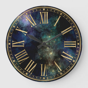 Watercolor Ink Dark Green Galaxy & Stars Large Clock