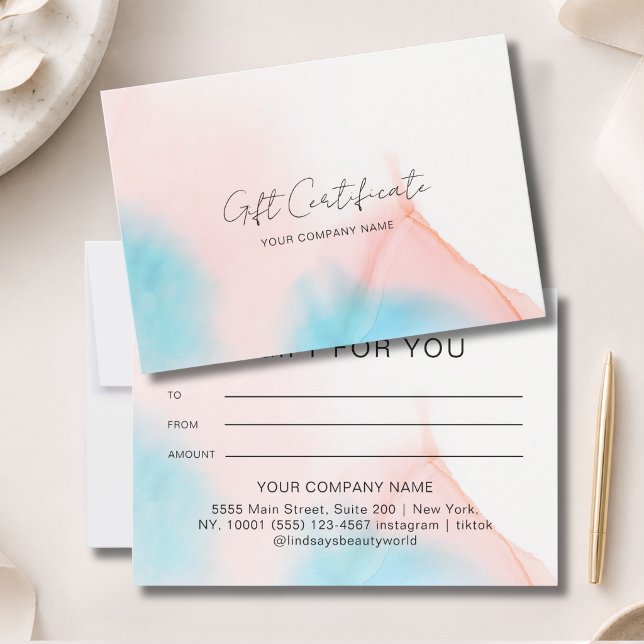 Watercolor Ink Gift Certficate (Watercolor Ink Gift Certficate Blue Beige Pink)