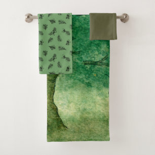 Watercolor & Ink Oak Leaves & Acorns Pattern Green Bath Towel Set
