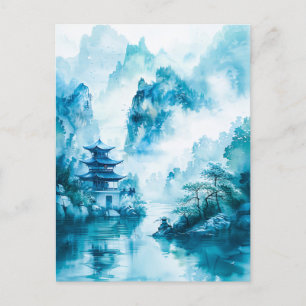 Watercolor ink of Chinese landscape on a lake Postcard