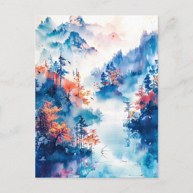 Watercolor ink of Chinese landscape on a lake Postcard (Front)