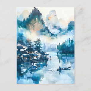 Watercolor ink of Chinese landscape on a lake Postcard