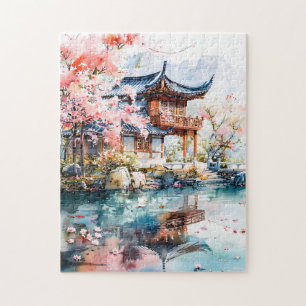 Watercolor ink of chinese template on lake. jigsaw puzzle