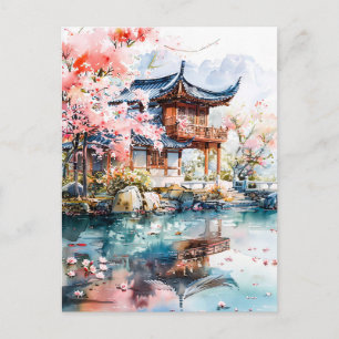 Watercolor ink of chinese template on lake. postcard