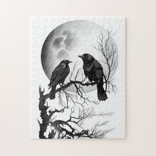 Watercolor ink of Odins raven sitting on twigs Jigsaw Puzzle