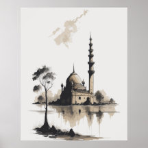 Watercolor Ink Painting of Mosque in Black & white