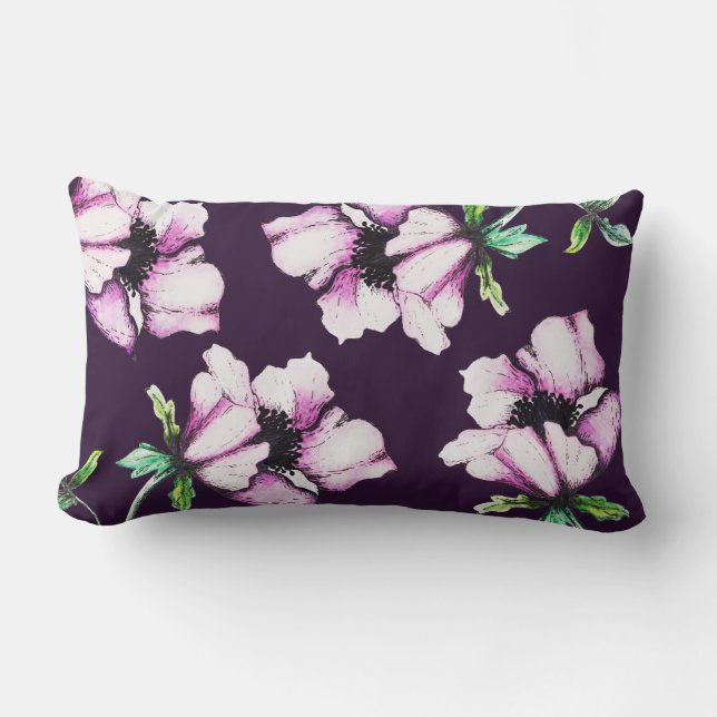 Watercolor & Ink Purple Flowers & Green Stems Lumbar Cushion (Front)