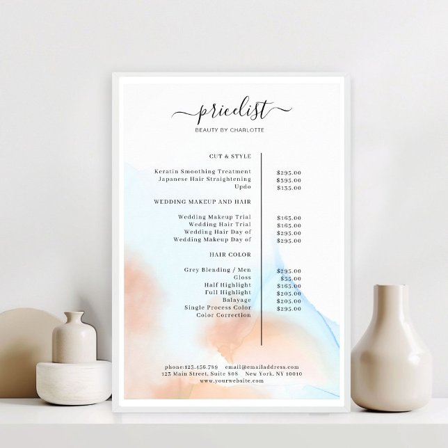 Watercolor Ink Salon Price List Poster (Watercolor Ink Salon Price List Poster)