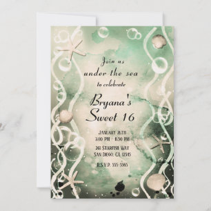 Watercolor Ink Splash Olive Under the Sea Sweet 16 Invitation