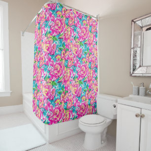 Watercolor Inspired Pink Blue Floral Shower Curtain