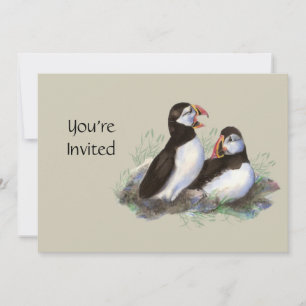 Watercolor Invite Cute Puffin Bird