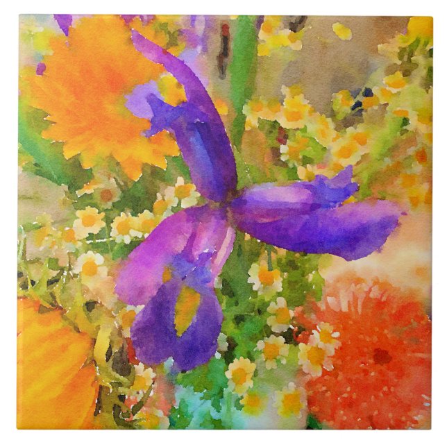Watercolor Iris Bouquet Ceramic Tile (Front)