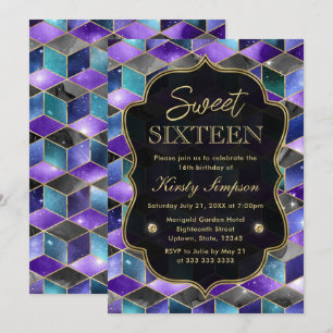 Watercolor Isometric Galaxy & Gold Frame Sweet 16 Invitation