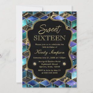 Watercolor Isometric Galaxy & Gold Frame Sweet 16 Invitation