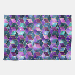 Watercolor Isometric with Gold and Marble Galaxy Tea Towel