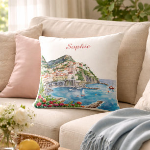 Watercolor Italian Amalfi Coast Name Cushion