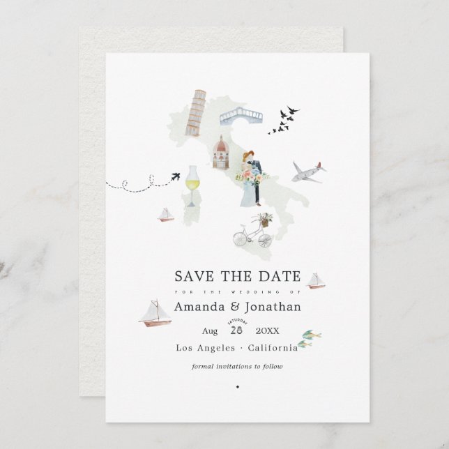 Watercolor Italian Destination Wedding Photo Save The Date (Front/Back)