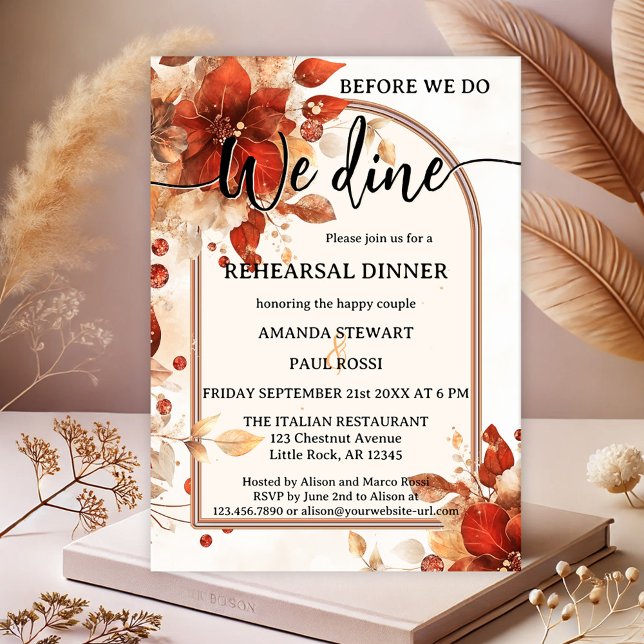 Watercolor Italian Flower Wedding Rehearsal Dinner Invitation (Italian red flowers watercolor wedding rehearsal dinner invitation with script text)