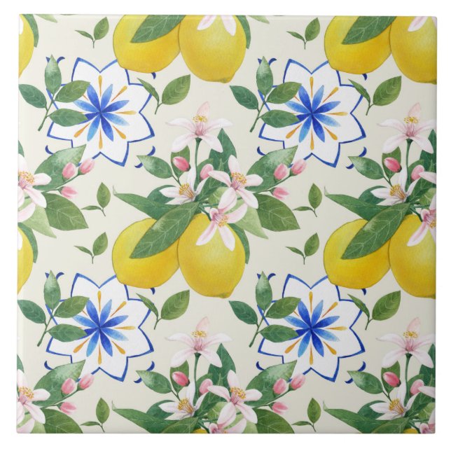Watercolor Italian Lemon Pattern Tile  (Front)