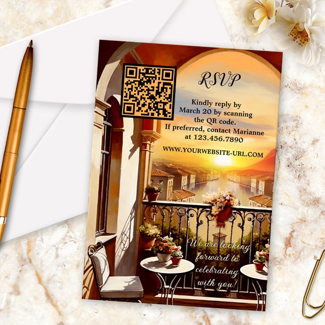 Watercolor Italian Sunset Wedding RSVP Card (QR code wedding RSVP card showing a watercolor painting of a view from an Italian balcony at sunset)