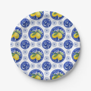 Watercolor Italian Tile Lemon Pattern Paper Plate