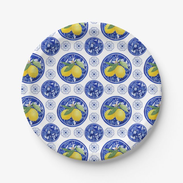   Watercolor Italian Tile Lemon Pattern Paper Plate (Front)