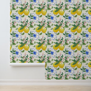 Watercolor Italian Tile Lemon Pattern Wallpaper