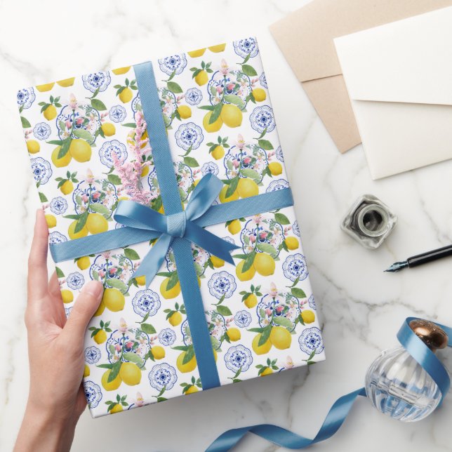 Watercolor Italian Tile Lemon Pattern  Wrapping Paper (Gifting)
