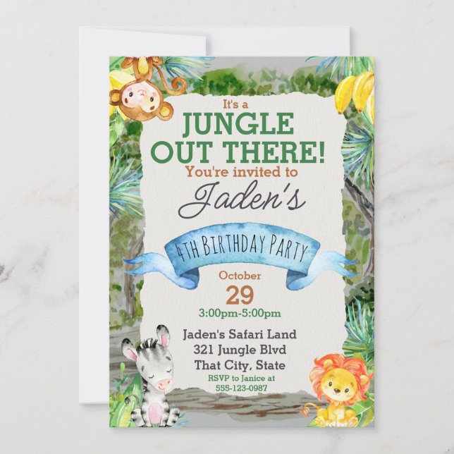 Watercolor It's a Jungle Animal Cute Birthday Invi Invitation (Front)